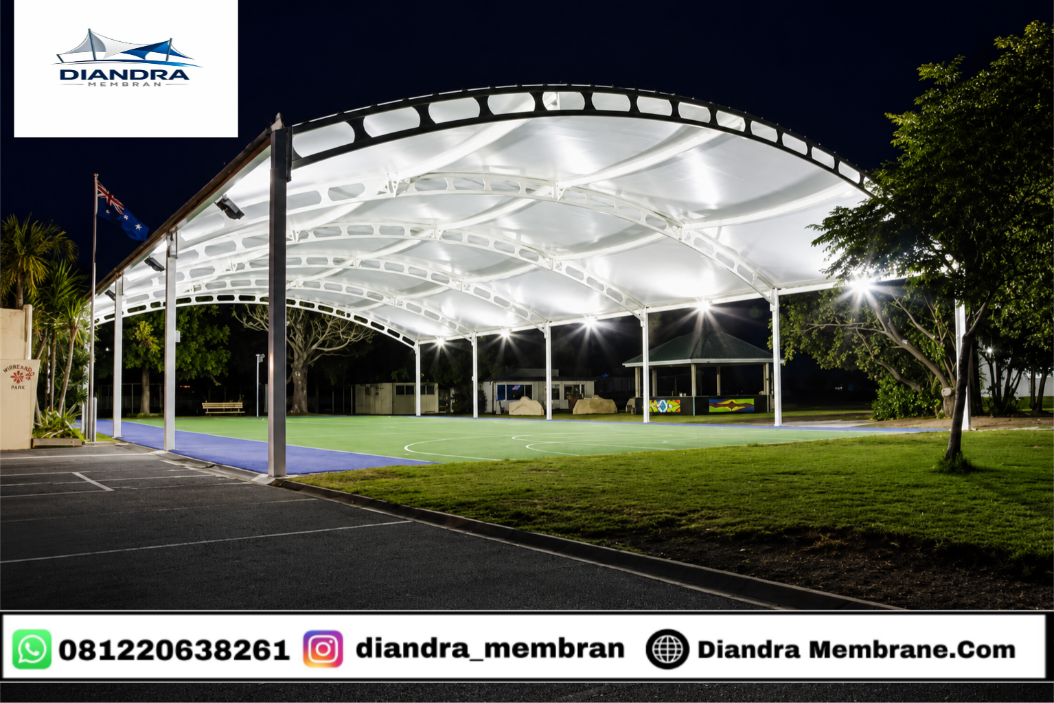 Hasil akhir proyek atap membrane bentang lebar bergaransi resmi untuk lapangan olahraga