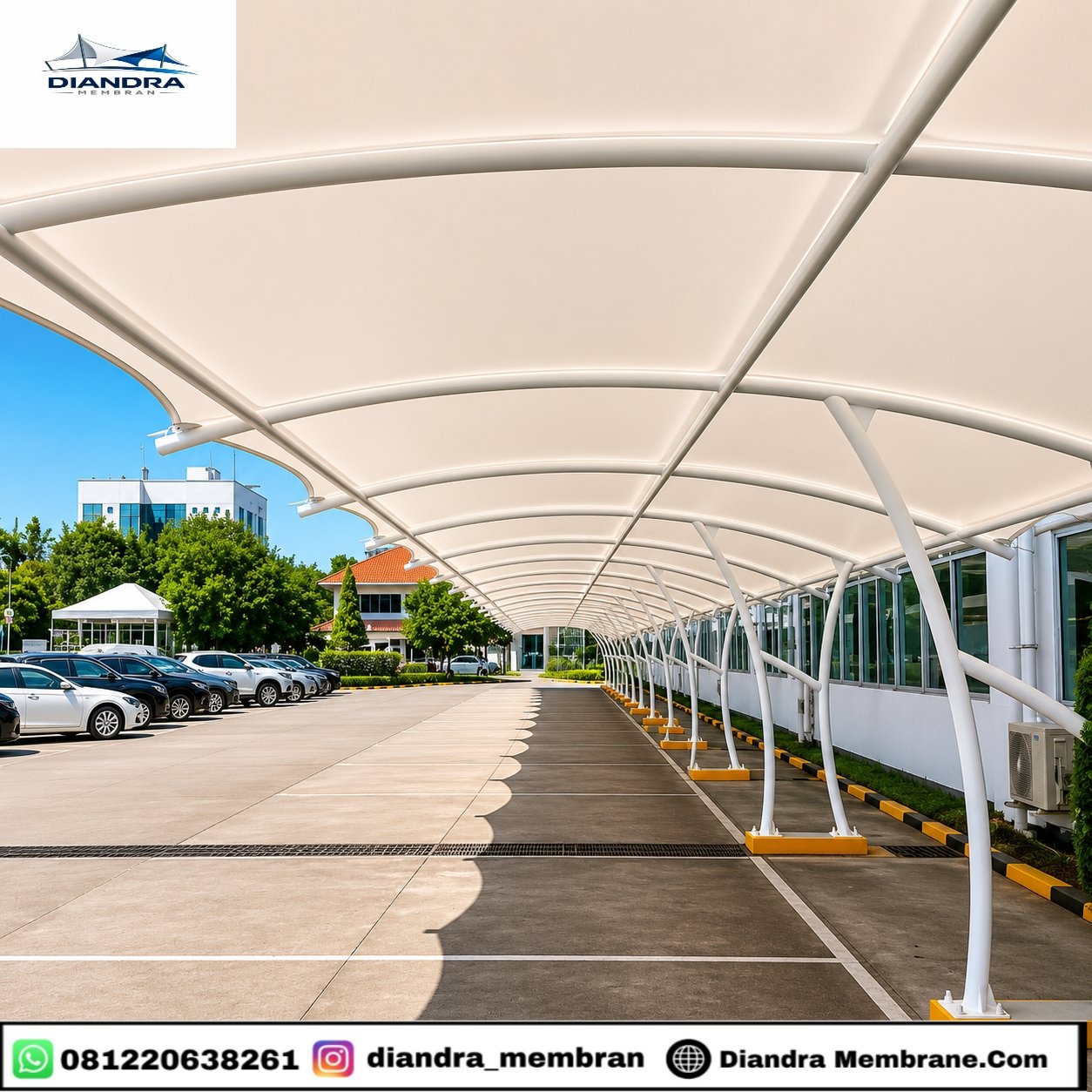 Kanopi membrane parkiran rumah sakit tampak depan – Diandra Membrane