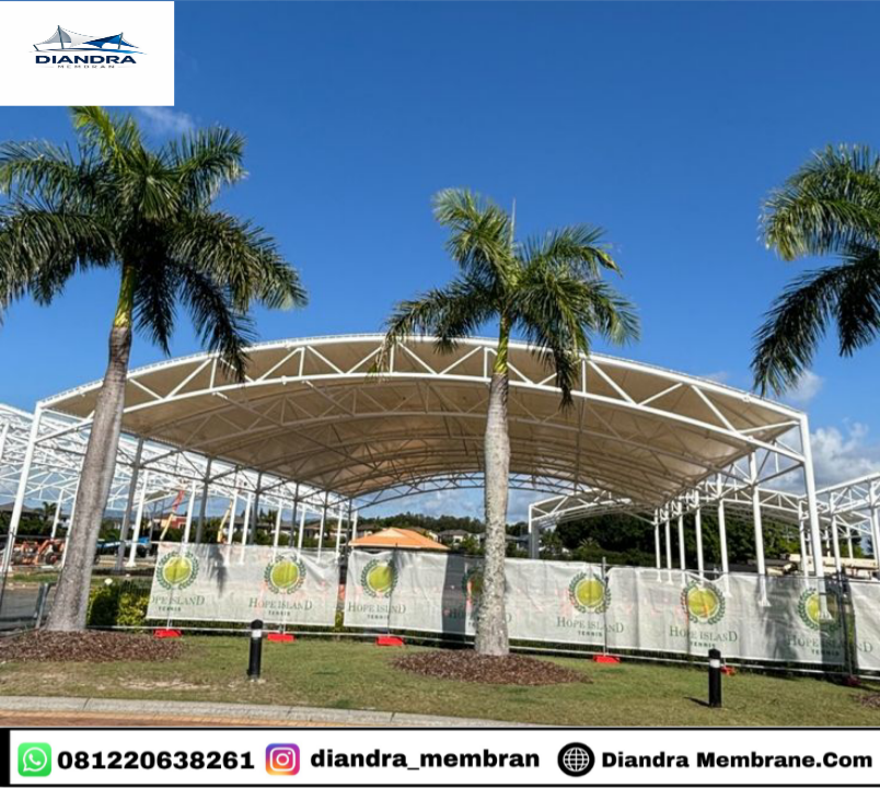 Proyek kanopi membran lapangan futsal indoor outdoor — hasil pemasangan Diandra Membrane