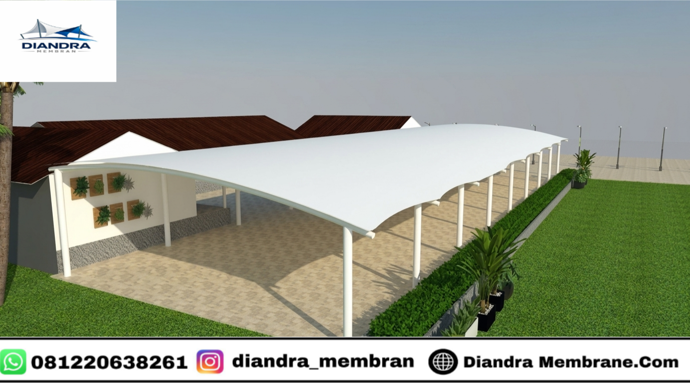 Kanopi membran parkiran apartemen modern terpasang rapi dengan struktur baja kokoh